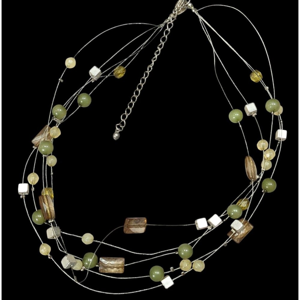 Vintage VJ Green And Silver Tone Floating Beaded Necklace